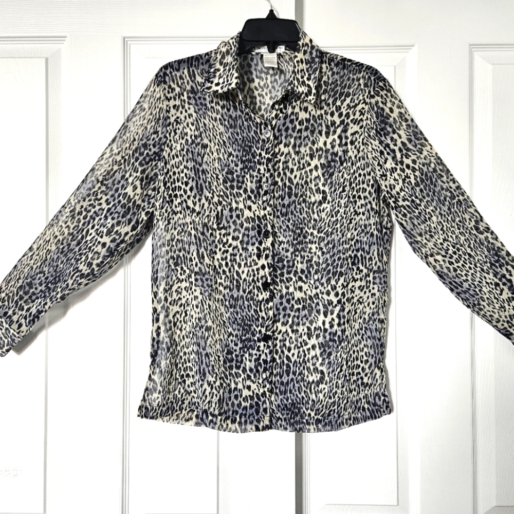 Draper's & Damon Sheer Leopard Print Button-Up Blouse Sz Small